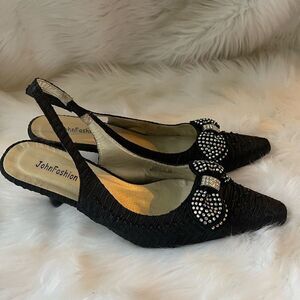 John Fashion black  beaded sling back 3” heels shoes rhinestone bow accent SZ10